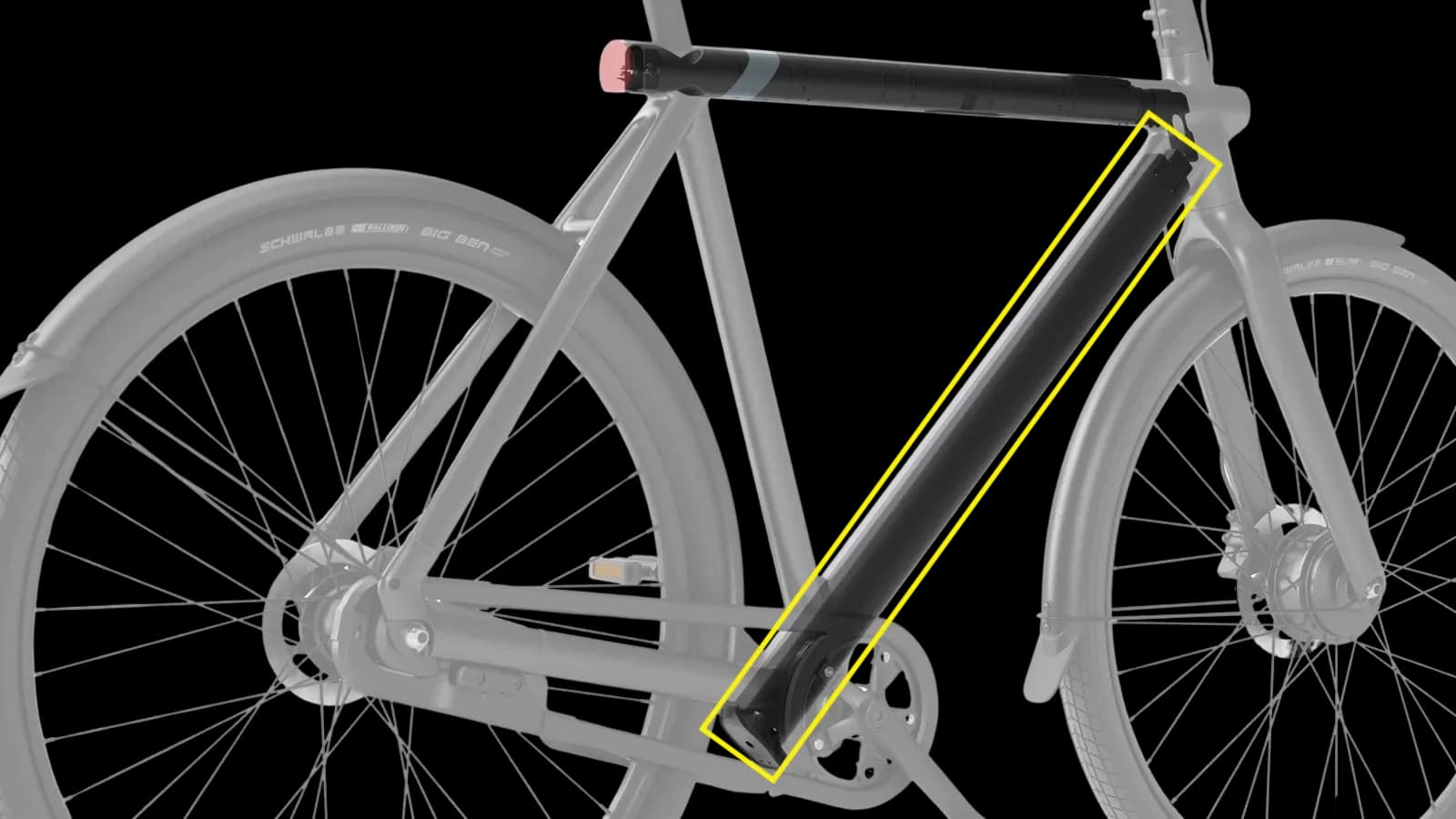 Where the battery sits in the frame of a VanMoof.